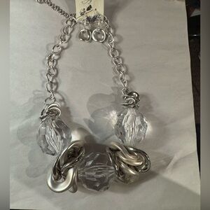Statement chunky silver-tone chain necklace w/clear faceted beads- w/earrings